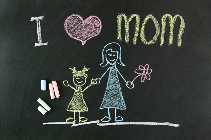 I heart mom written on blackboard with chalk 